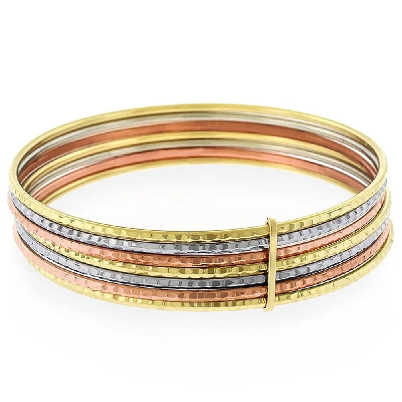 14k Gold Womens Fancy Tri Color Semanario Diamond Cut Bangle Bracelet 7.5"