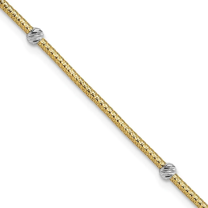 14k Two-tone Gold Woven Flexible Diamond-Cut Beads Bracelet, 7.25" (W-3mm)