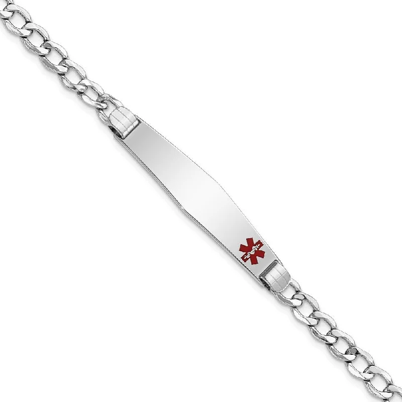 14k White Gold 8.8mm Semi-Solid Medical Soft Diamond Shape Red Enamel Cuban ID Bracelet, 7"