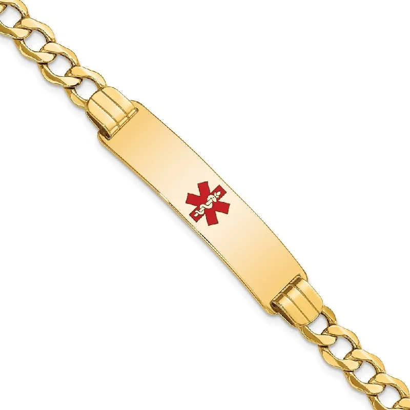 14k Yellow Gold 10.5mm Semi-solid Medical Red Enamel Curb Link ID Bracelet, 7"