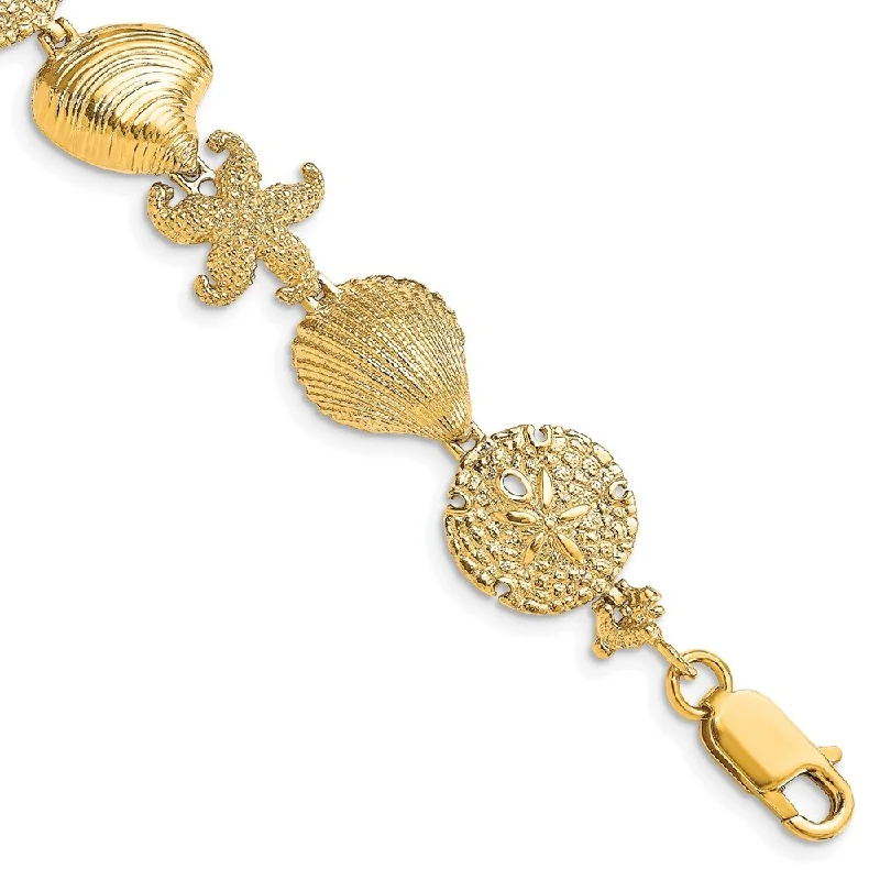 14k Yellow Gold 13.3mm Starfish, Shell, Clam Link Bracelet, 7.5"