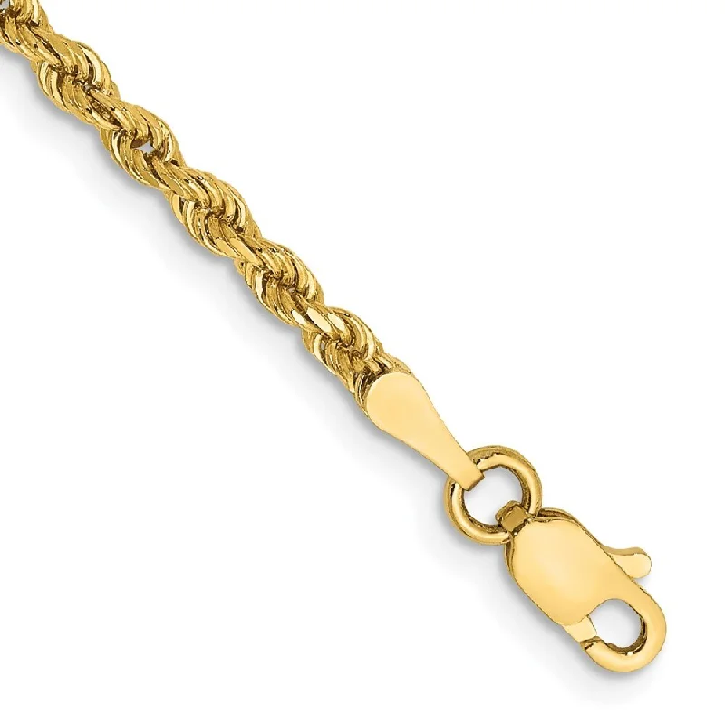 14k Yellow Gold 2.5mm Semi-solid Diamond-Cut Rope Chain Bracelet, 7"