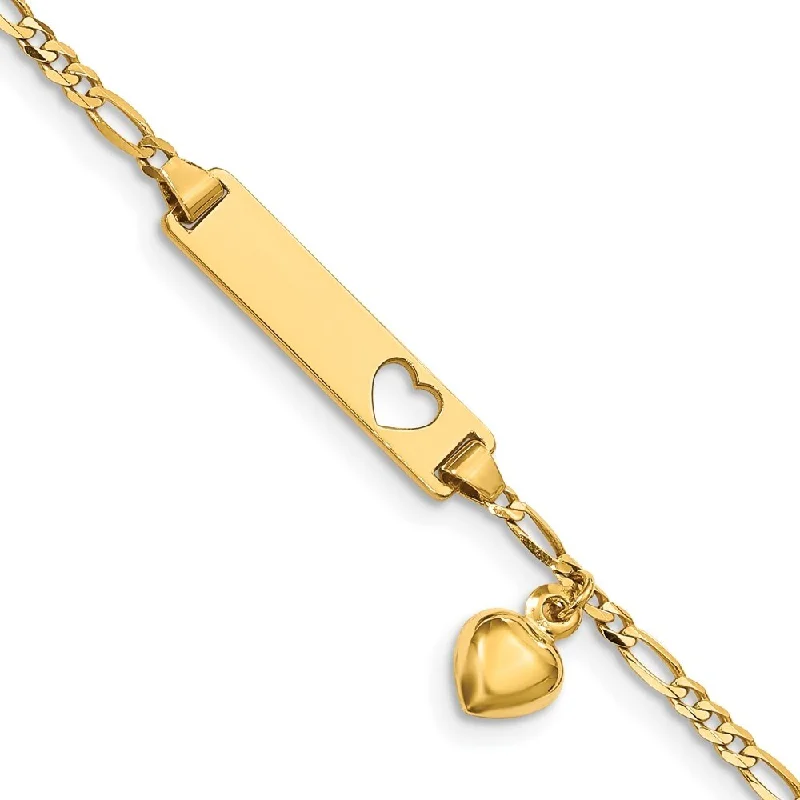 14k Yellow Gold 5mm Cut-out Heart w/Dangling Heart Children's Figaro Link ID Bracelet, 6"