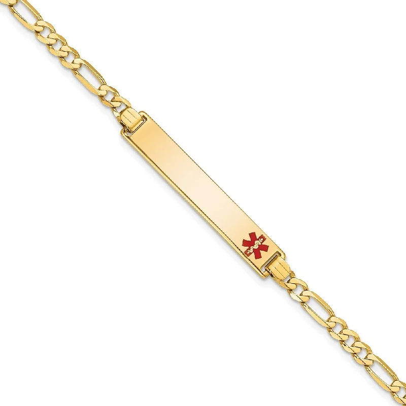 14k Yellow Gold 6.5mm Medical Red Enamel Flat Figaro Link ID Bracelet, 7"