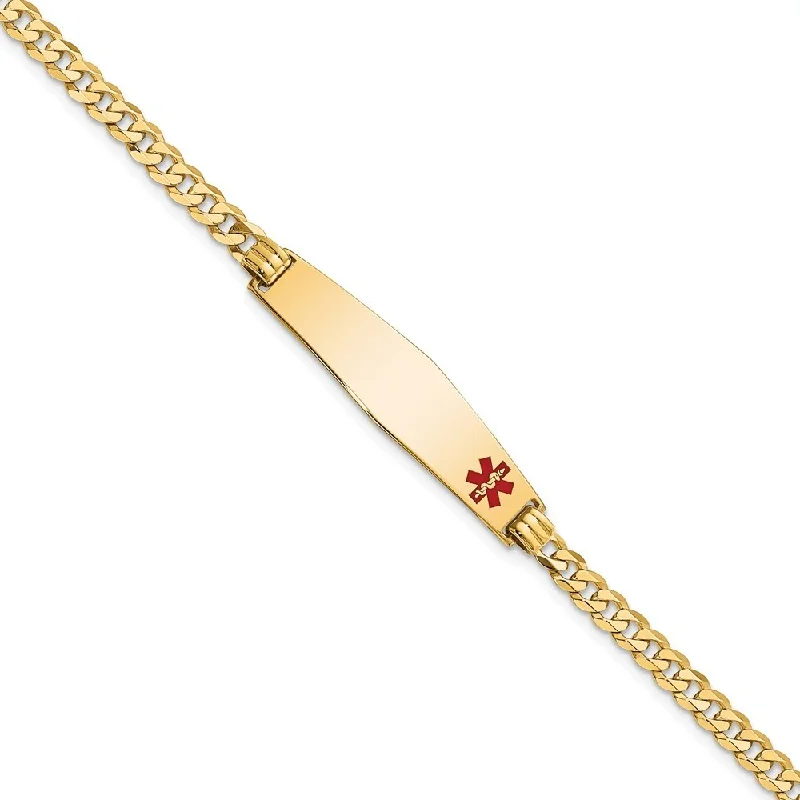 14k Yellow Gold 8.5mm Medical Soft Diamond Shape Red Enamel Flat Curb Link ID Bracelet, 7"