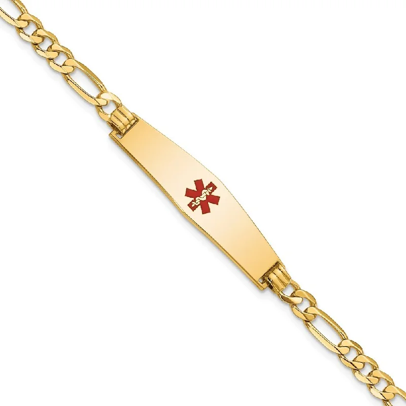 14k Yellow Gold 8.5mm Medical Soft Diamond Shape Red Enamel Flat Figaro Link ID Bracelet, 7"