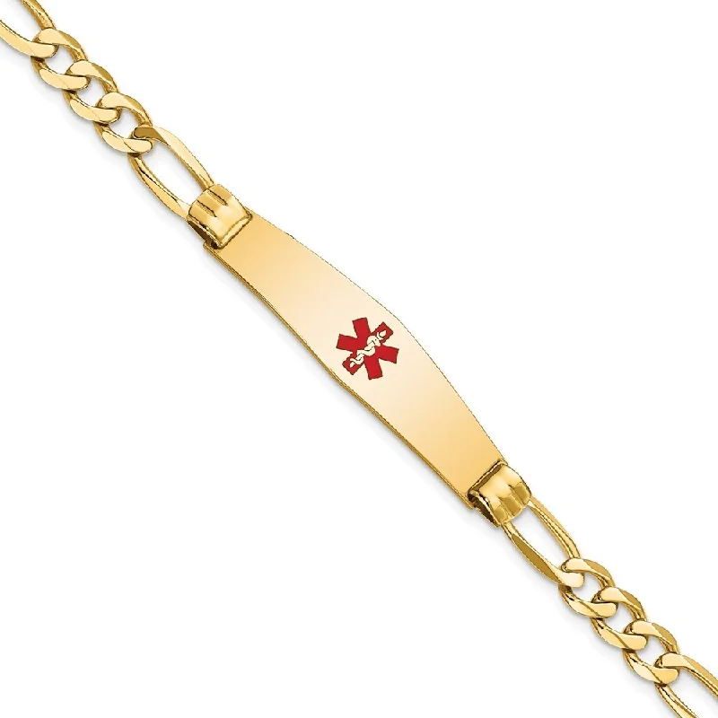 14k Yellow Gold 9.5mm Medical Soft Diamond Shape Red Enamel Figaro ID Bracelet, 7"