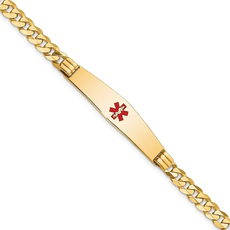 14k Yellow Gold 9mm Medical Soft Diamond Shape Red Enamel Curb Link ID Bracelet, 7"