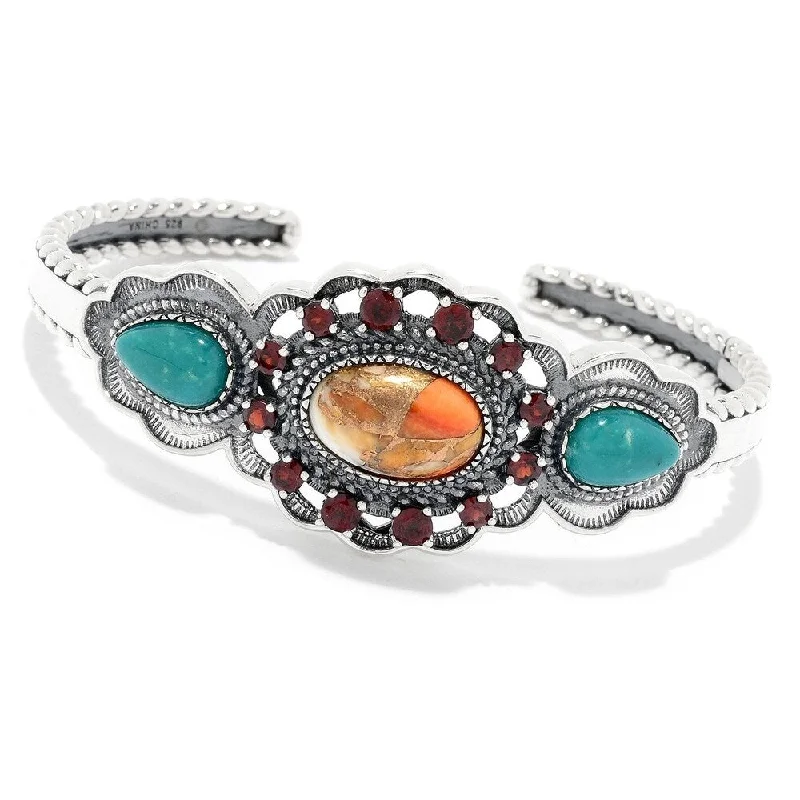 925 Sterling Silver CampoFrio Turquoise,Red Garnet,Orange Spiny Bangle