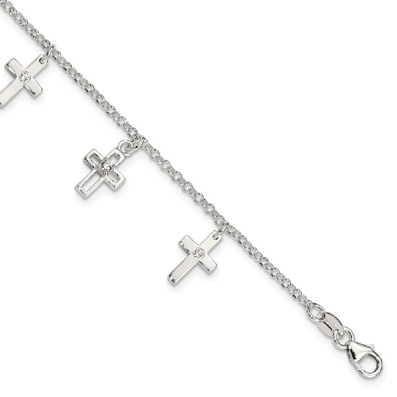 925 Sterling Silver & Cubic Zirconia Cross Children's Bracelet, 5" w/1in Extender