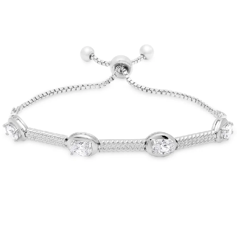 Dolce Giavonna Silver Overlay Oval Cubic Zirconia Adjustable Bracelet