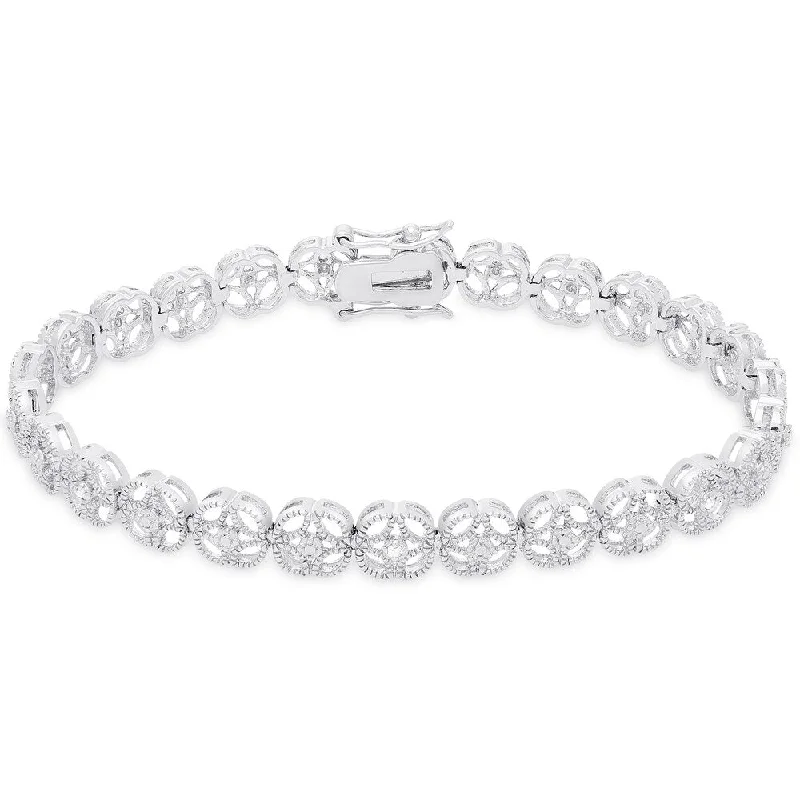 Finesque Sterling Silver Diamond Accent Flower Design Bracelet