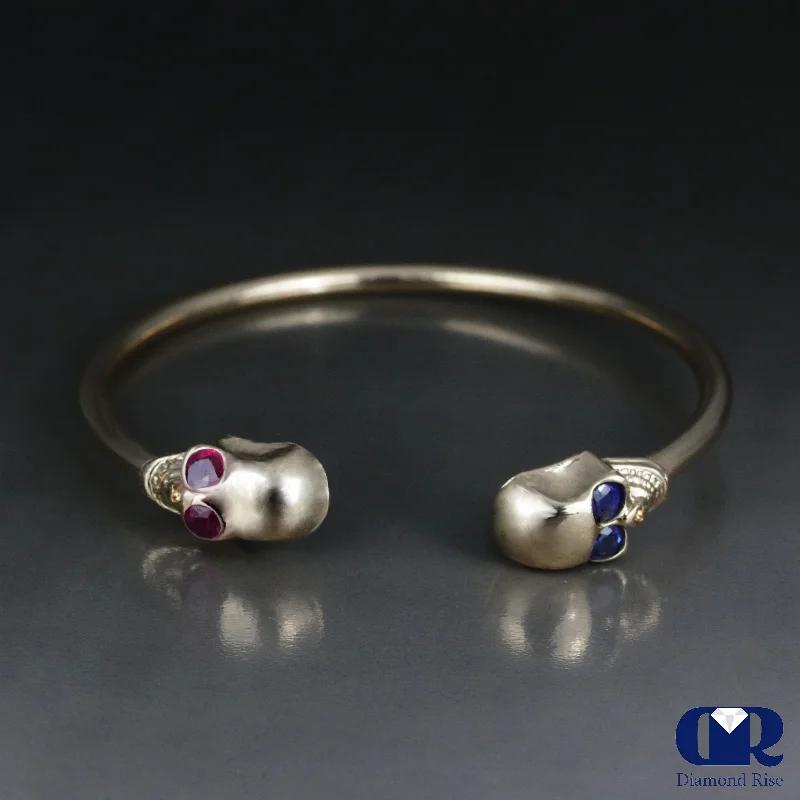 Skull Design Cuff Bangle Bracelet With Natural Ruby & Sapphire In 10K Solid Gold