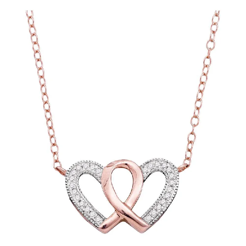 10kt Rose Gold Womens Round Diamond Double Heart Awareness Ribbon Pendant Necklace 1/10 Cttw