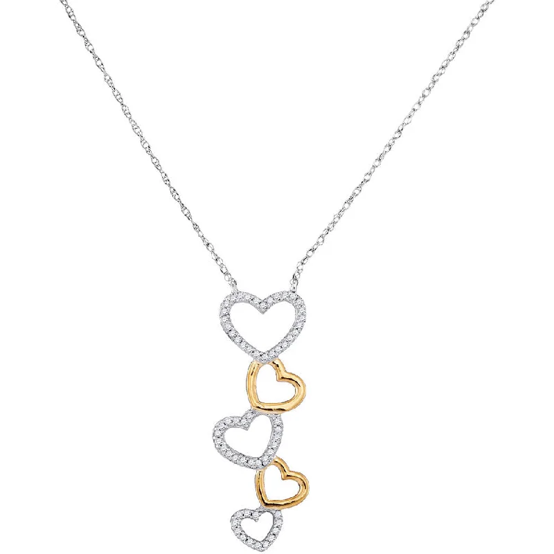 10kt Two-tone White Gold Womens Round Diamond Cascading Heart Pendant Necklace 1/6 Cttw