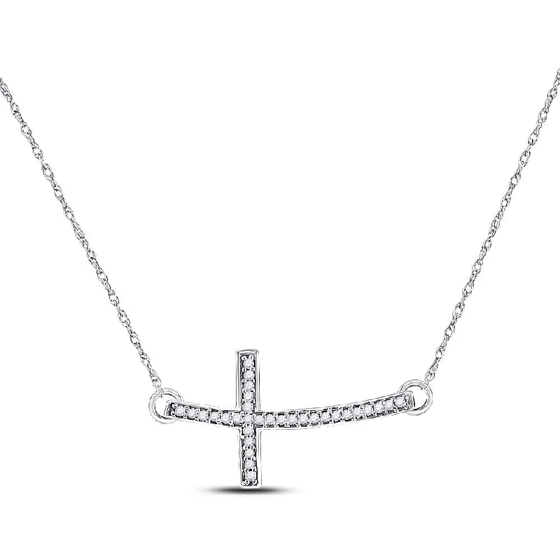 10kt White Gold Womens Round Diamond Horizontal Cross Pendant Necklace 1/10 Cttw