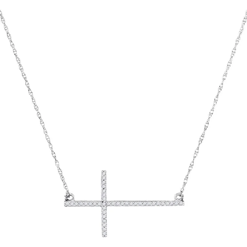 10kt White Gold Womens Round Diamond Horizontal Cross Pendant Necklace 1/8 Cttw