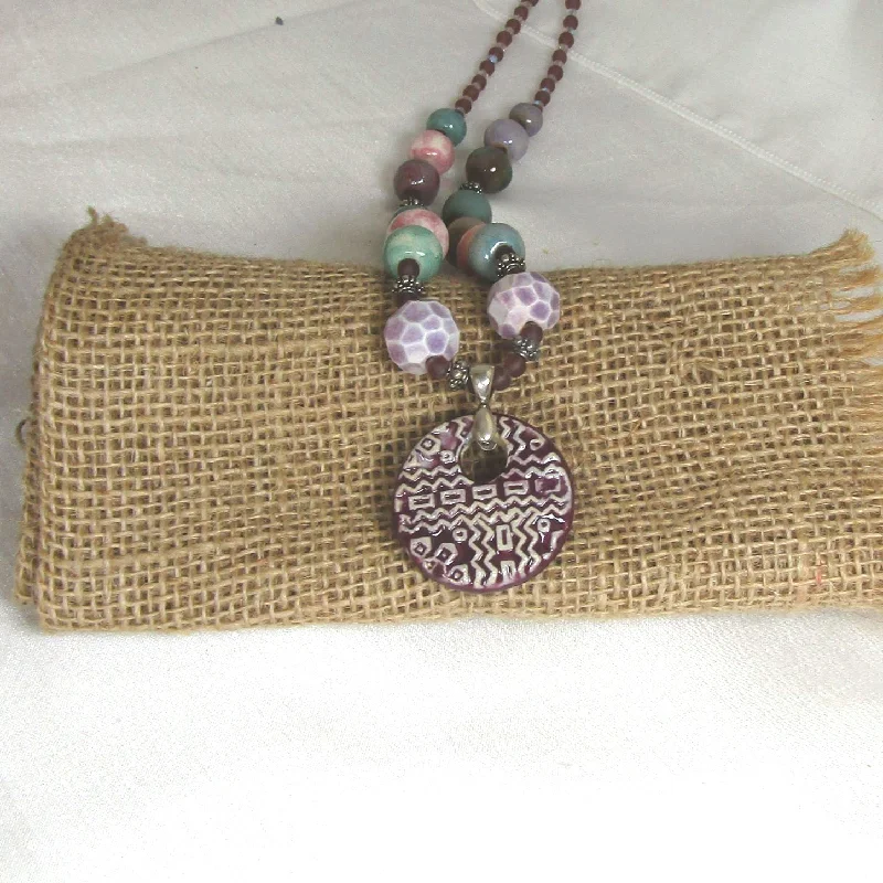 Purple Swazi Pendant on Handmade Artisan Beaded Necklace