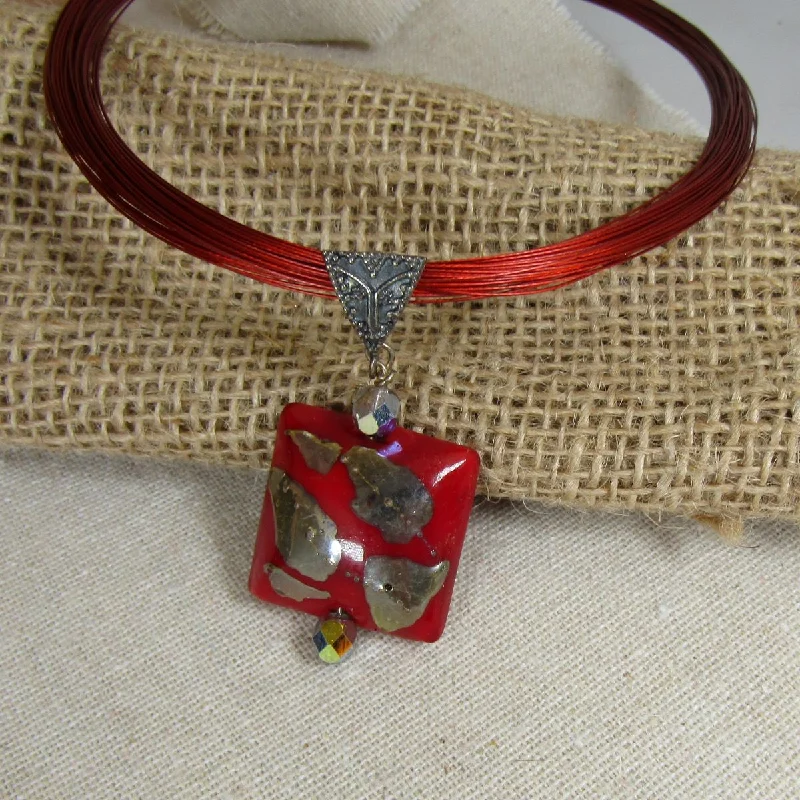 Red Multi-strand Pendant Necklace with Red Handmade Bead Pendant