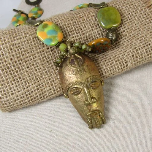 Kazuri Bead and Large Brass  Pendant Necklace