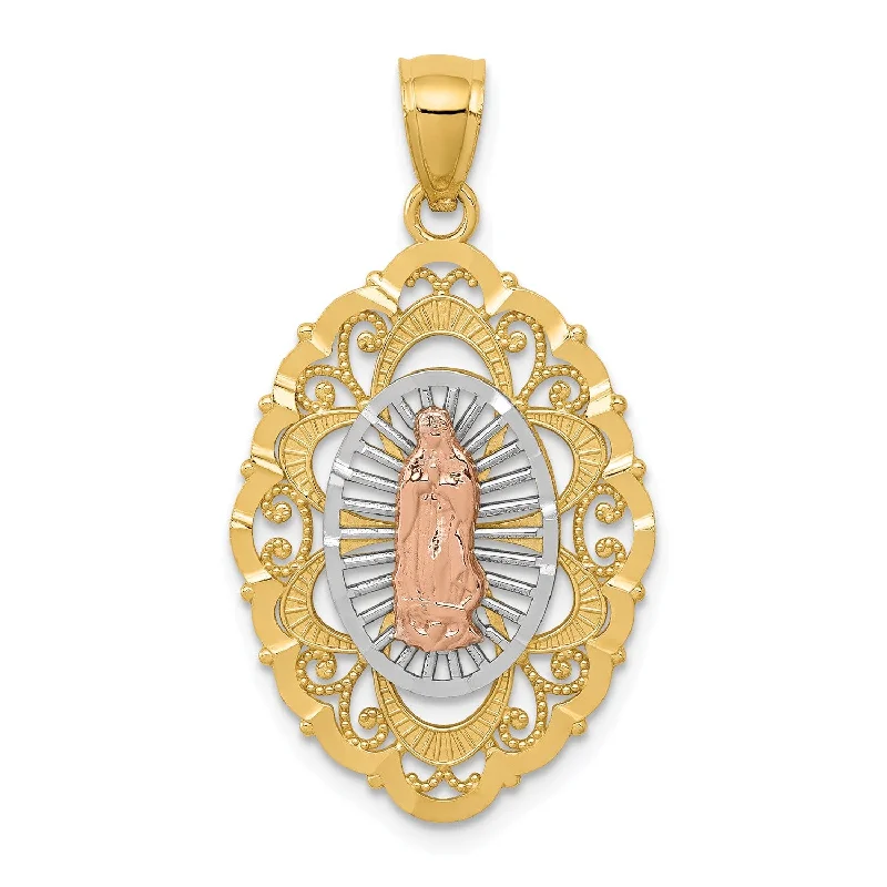 14KT Gold Tri-Color 34X18MM Guadalupe Pendant. Chain Not Included