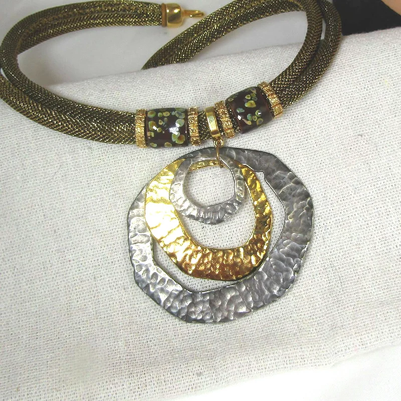 Big Bold Gold & Silver Pendant Necklace Metallic Cord