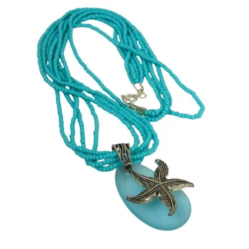 Aqua Sea Glass Pendant  Multi-strand Necklace