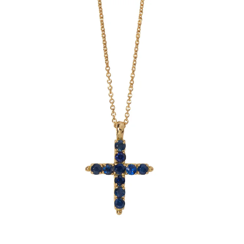 Blue Sapphire Cross 18K Gold Pendant Necklace