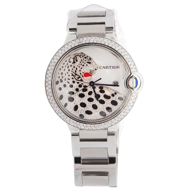 Cartier Ballon Bleu Stainless Steel 42mm Custom Diamond Panther Dial Watch Reference#:  W69012Z4