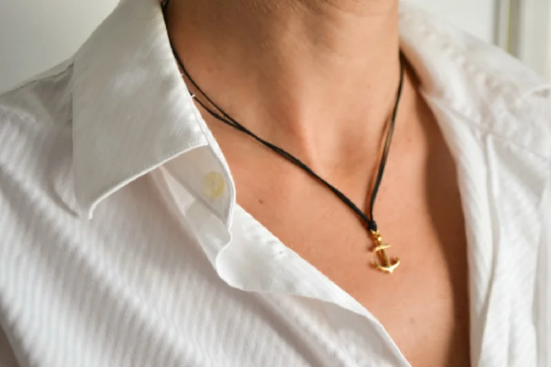 Gold anchor necklace with a black cord, gift for her, handmade