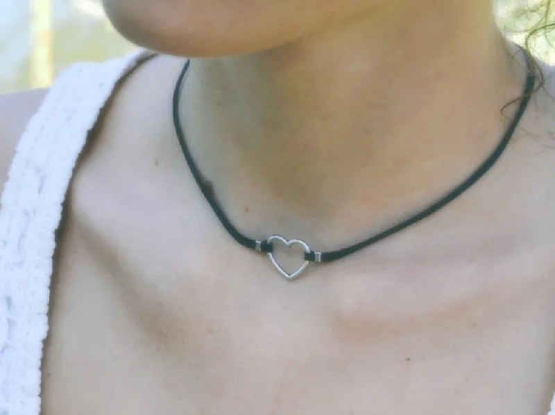 Silver heart necklace, black cord, gift for her