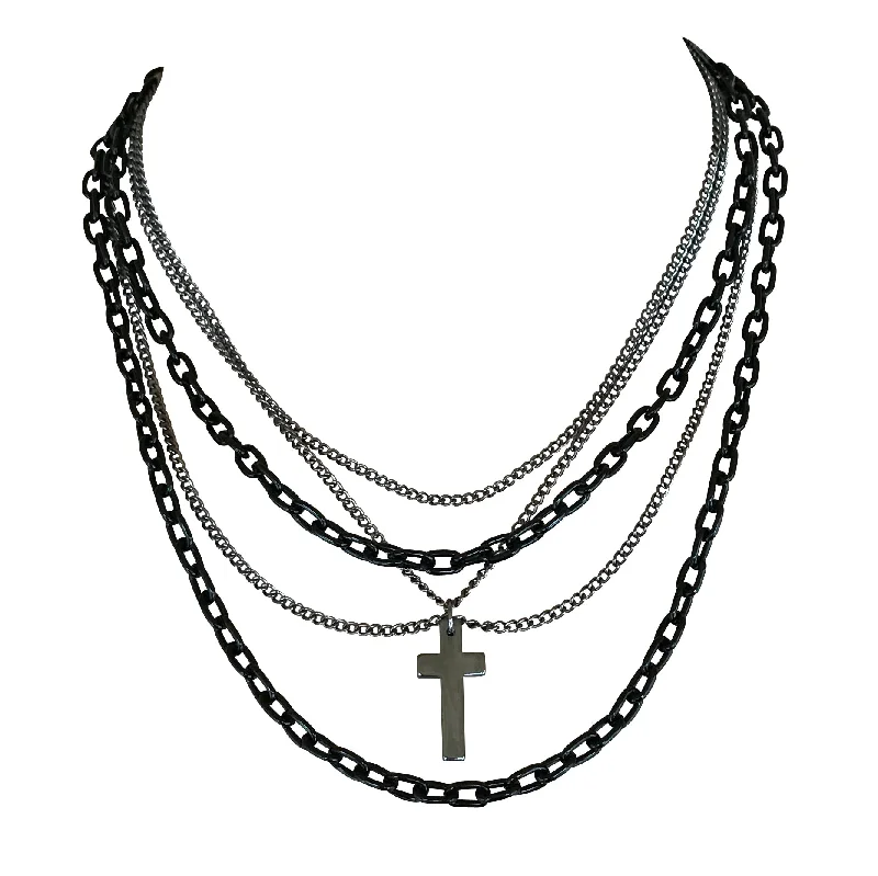 Multilayer Gothic 80s Retro Black and Gunmetal Chain Fashion Necklace with Cross