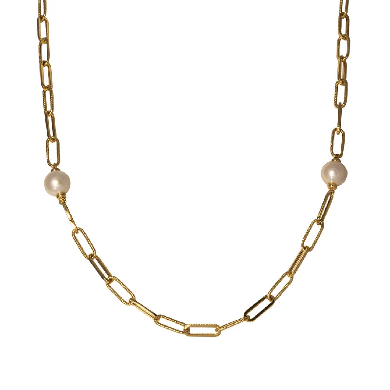 Pearl Station 14K Yellow Gold Paperclip Link Necklace