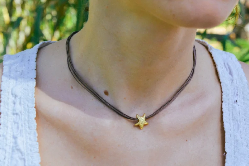 Gold starfish necklace, brown cord, gift for her, nautical jewelry