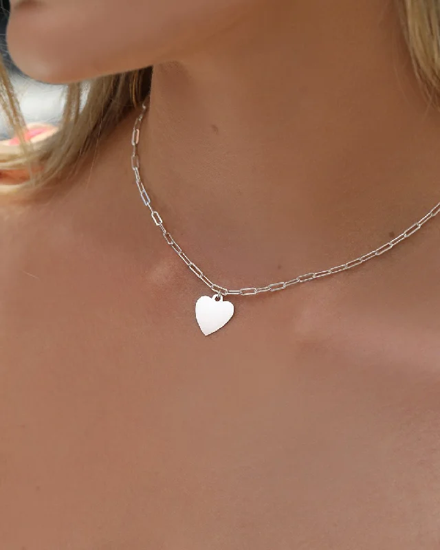 Thick Drawn Cable Chain Heart Necklace  - Sterling Silver