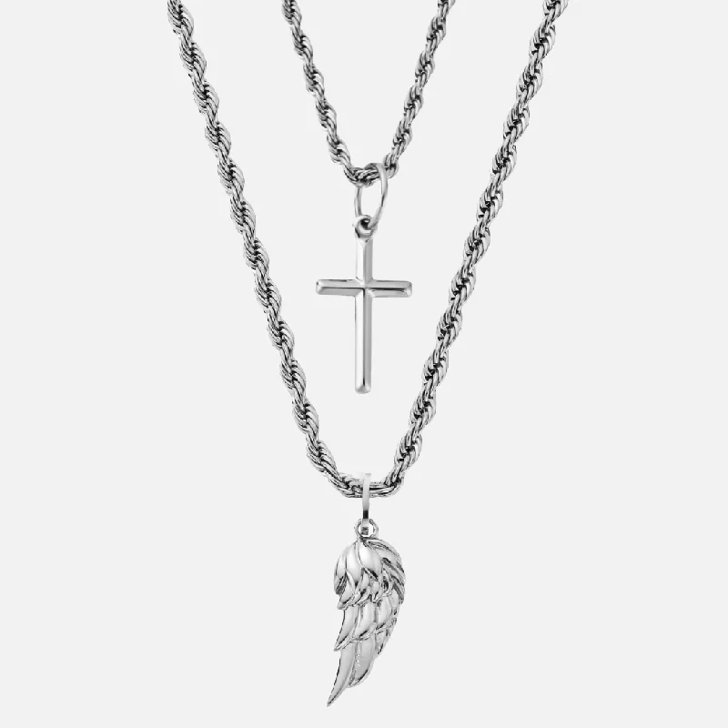 CROSS & WING PENDANT SET - WHITE GOLD