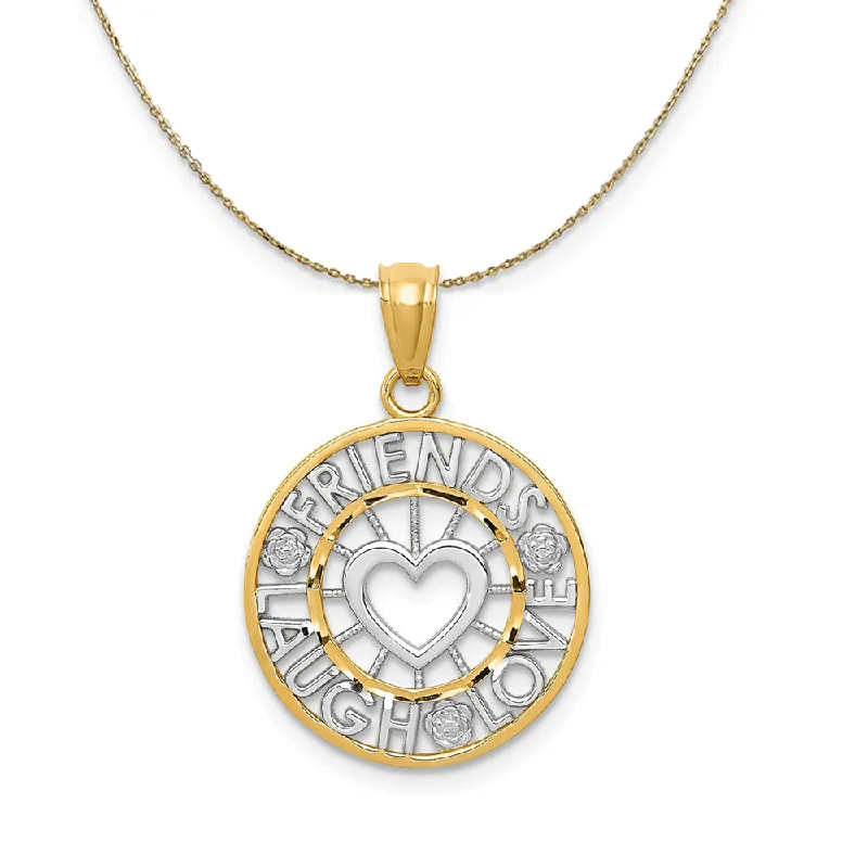 14k Yellow Gold & Rhodium Friends Laugh Love Circle Necklace