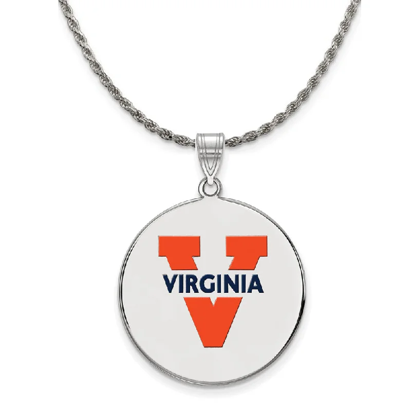 Sterling Silver U. of Virginia XL Enamel 'V' Logo Disc Necklace