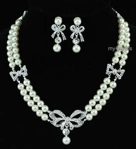 Bridal Ribbon Ivory Faux Pearl Necklace Set XS1195