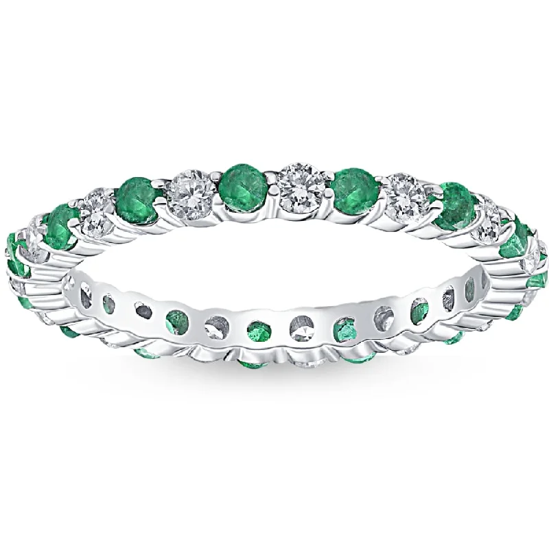 1 cttw Emerald & Diamond Wedding Eternity Stackable Ring 10k White Gold