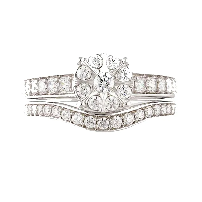 1 CTW Diamond Cluster Bridal Set Ring in 10KT White Gold