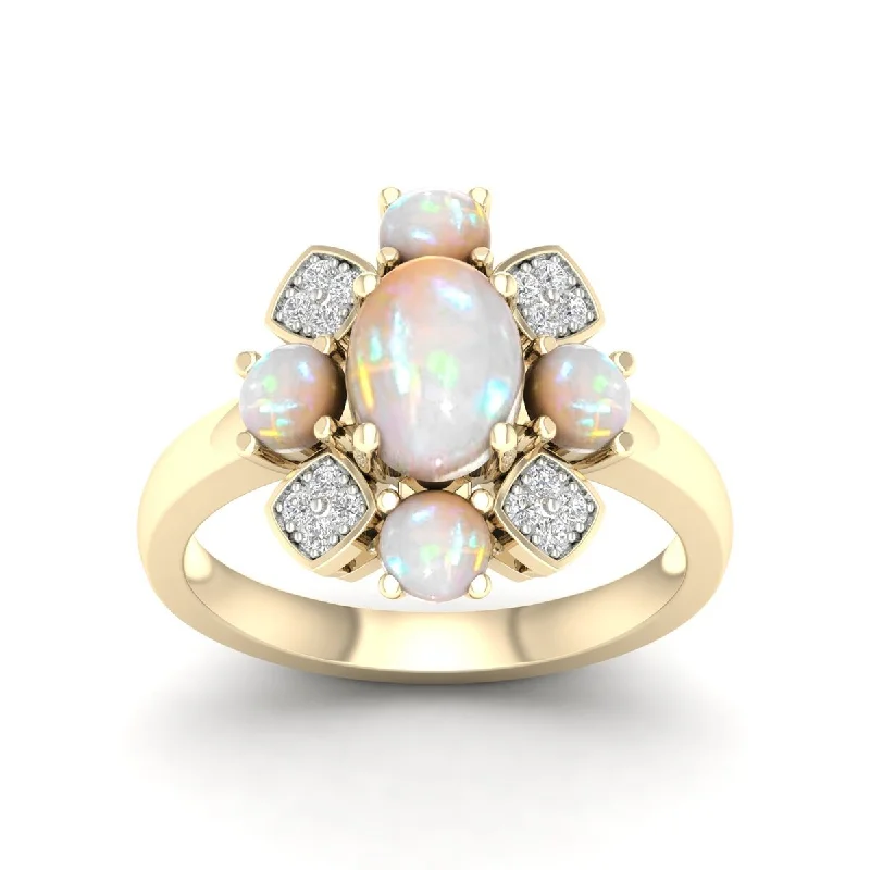 10K Yellow Gold Oval Cut Ethiopian Opal Gemstone and 1/10Ct Diamond Cocktail Ring