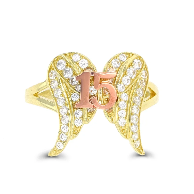 10KT Yellow Gold Cubic Zirconia Quinceanera Angel Wings Ring