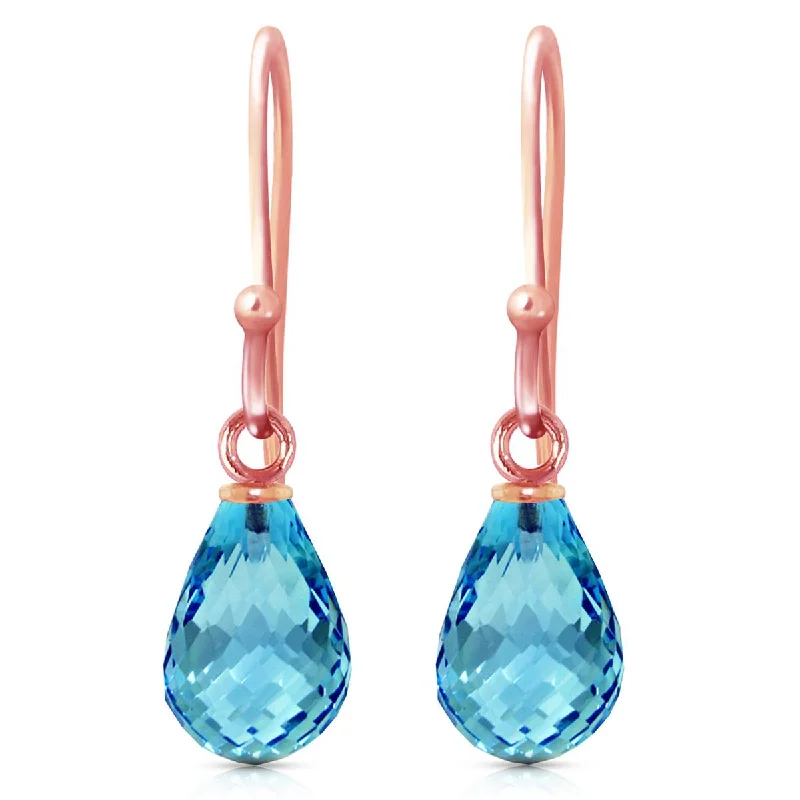 14K Solid Rose Gold Fish Hook Blue Topaz Gemstone Earrings