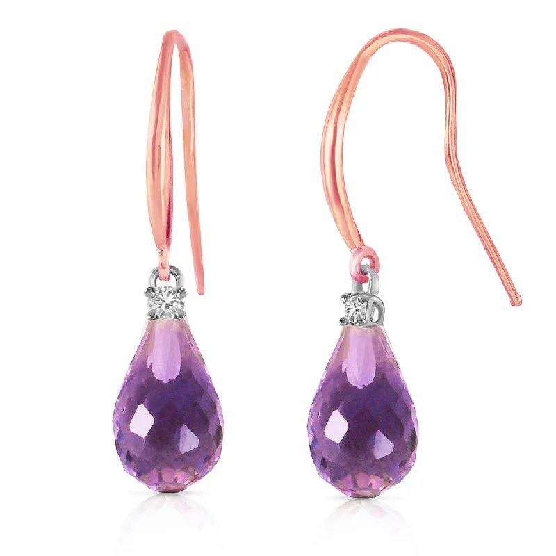 14K Solid Rose Gold Fish Hook Diamond & Amethyst Earrings Certified