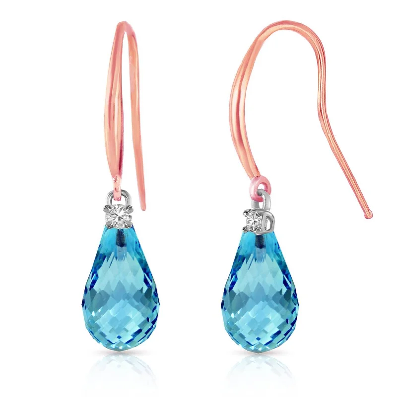 14K Solid Rose Gold Fish Hook Diamond & Blue Topaz Earrings Certified