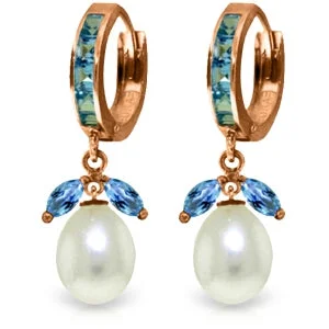 14K Solid Rose Gold Hoop Blue Topaz & Pearl Earrings Gemstone