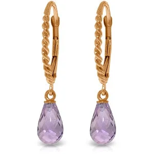 14K Solid Rose Gold Leverback Earrings Briolette Amethyst Gemstone