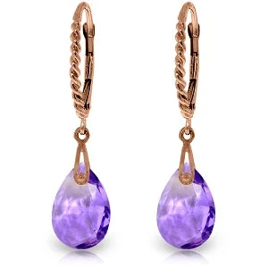 14K Solid Rose Gold Leverback Earrings Briolette Amethyst Jewelry