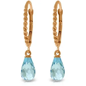 14K Solid Rose Gold Leverback Earrings Briolette Blue Topaz Certified